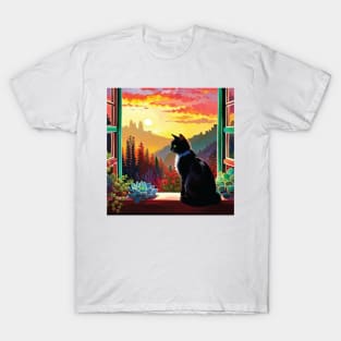 Tuxedo Cat in Window at Sunset T-Shirt